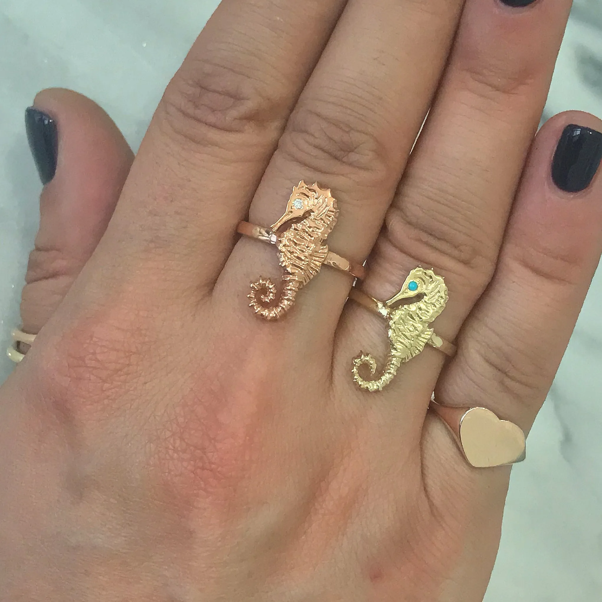 14K Gold Large Size Seahorse Ring with Turquoise Eye