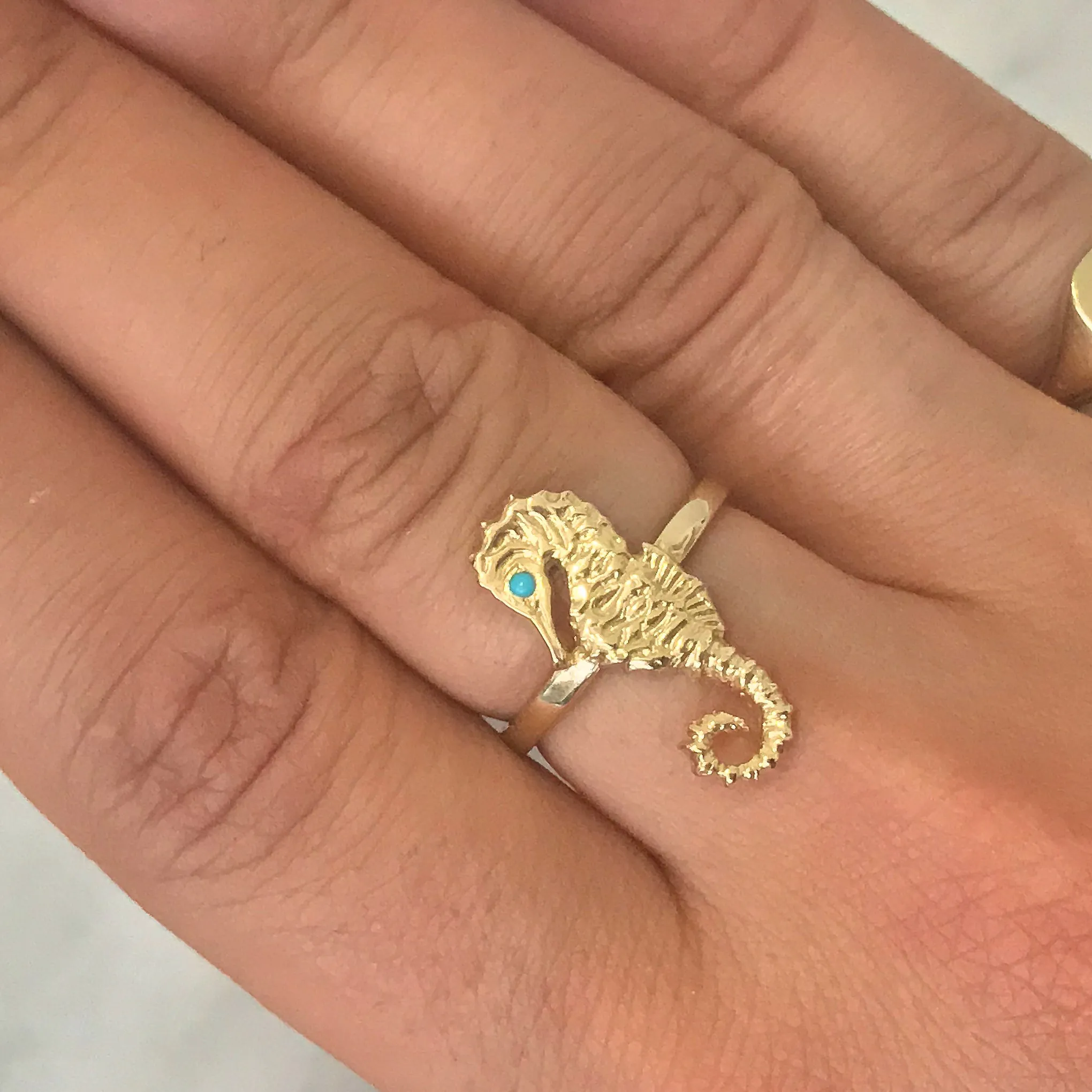 14K Gold Large Size Seahorse Ring with Turquoise Eye
