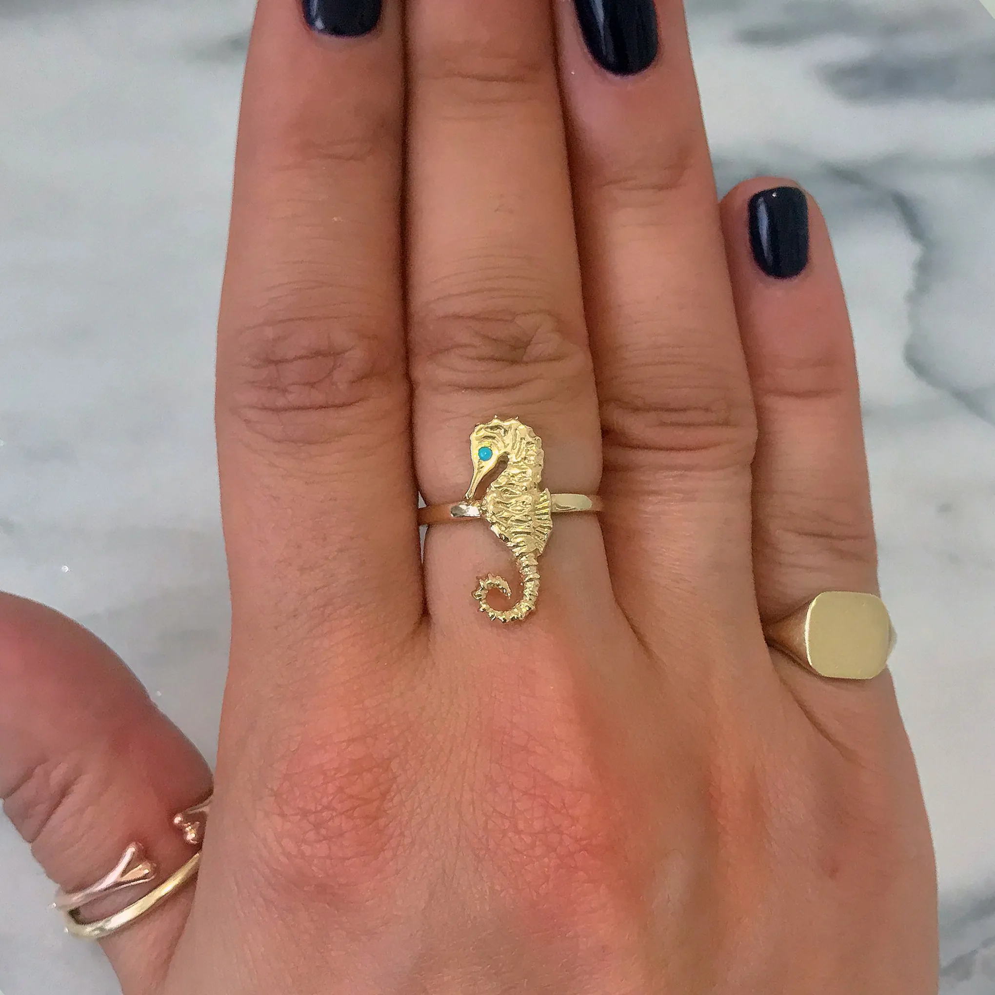 14K Gold Large Size Seahorse Ring with Turquoise Eye