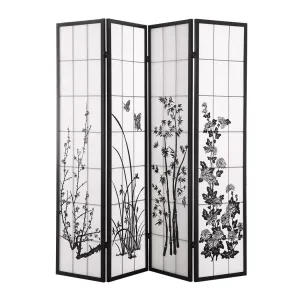 4 Panel Room Divider Screen Door Stand Privacy Fringe Wood Fold Blossom