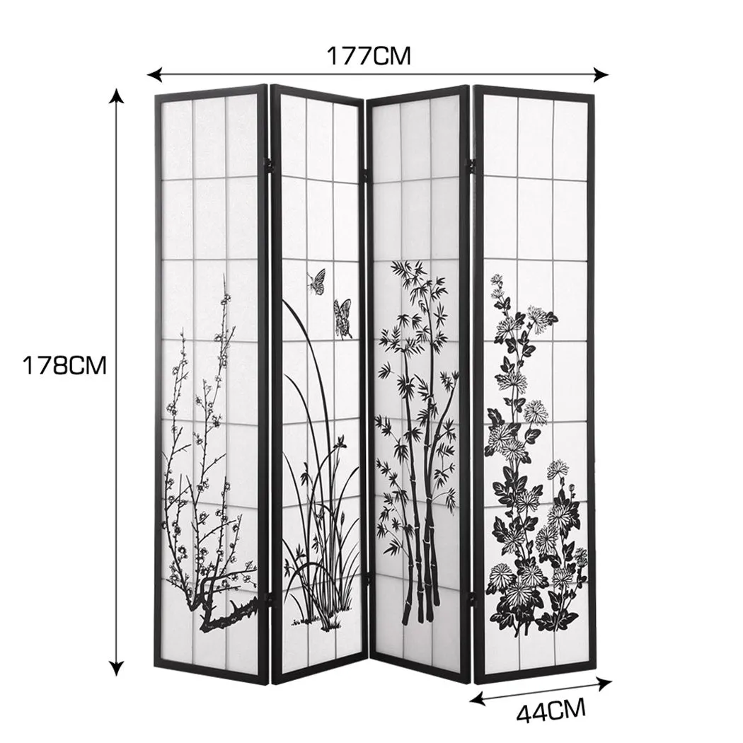 4 Panel Room Divider Screen Door Stand Privacy Fringe Wood Fold Blossom
