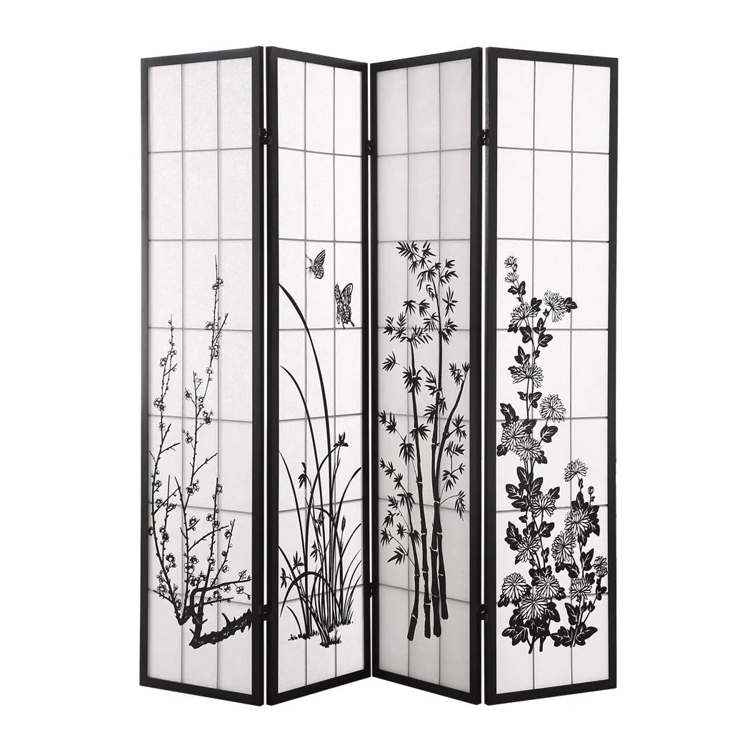 4 Panel Room Divider Screen Door Stand Privacy Fringe Wood Fold Blossom