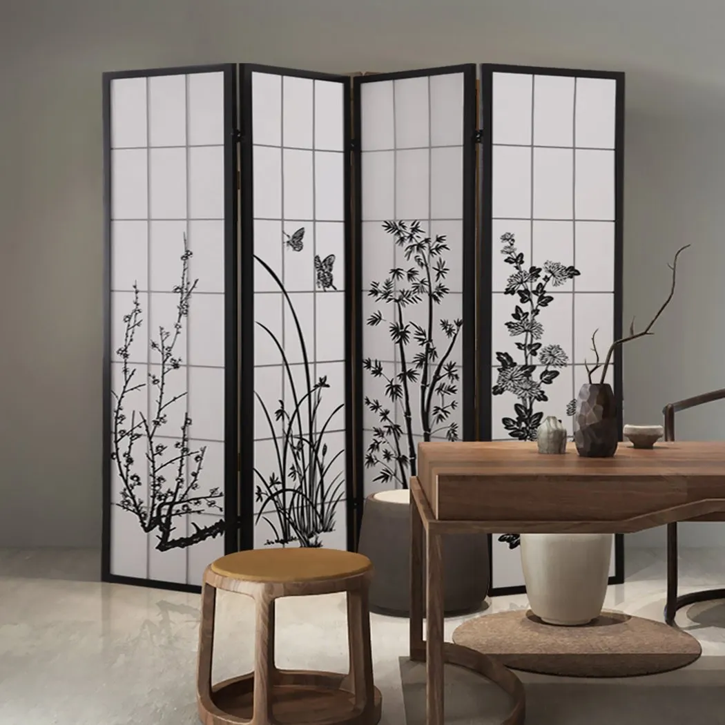 4 Panel Room Divider Screen Door Stand Privacy Fringe Wood Fold Blossom
