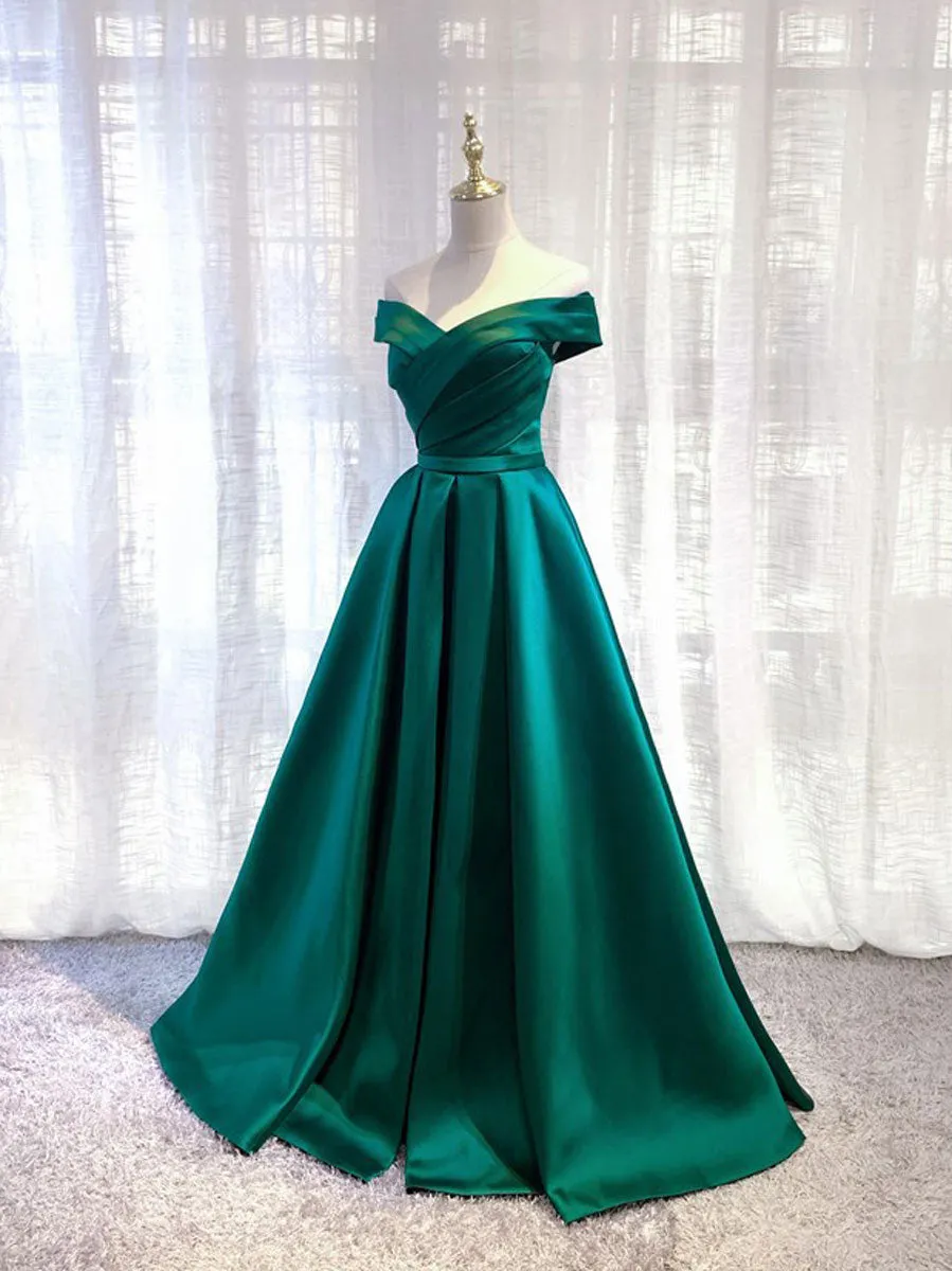 A-Line Off Shoulder Satin Green Long Prom Dress, Green Long Formal Dress
