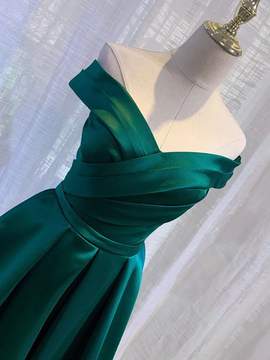 A-Line Off Shoulder Satin Green Long Prom Dress, Green Long Formal Dress