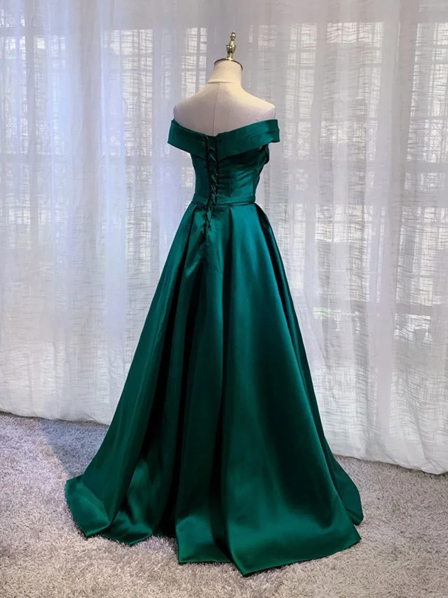 A-Line Off Shoulder Satin Green Long Prom Dress, Green Long Formal Dress