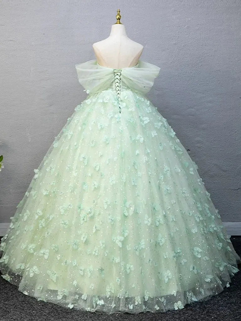 A-Line Off Shoulder Tulle Lace Green Long Prom Dress, Green Long Formal Dress