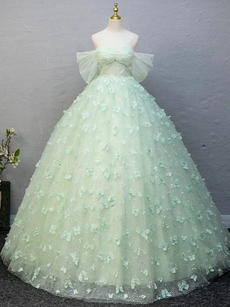 A-Line Off Shoulder Tulle Lace Green Long Prom Dress, Green Long Formal Dress