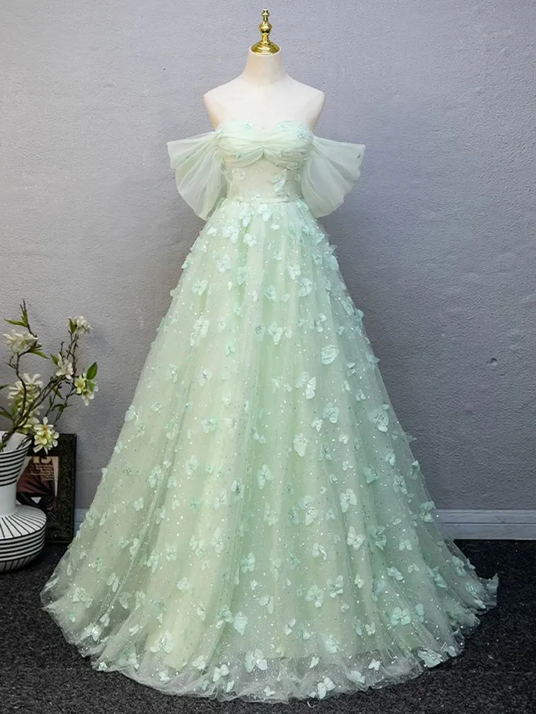A-Line Off Shoulder Tulle Lace Green Long Prom Dress, Green Long Formal Dress