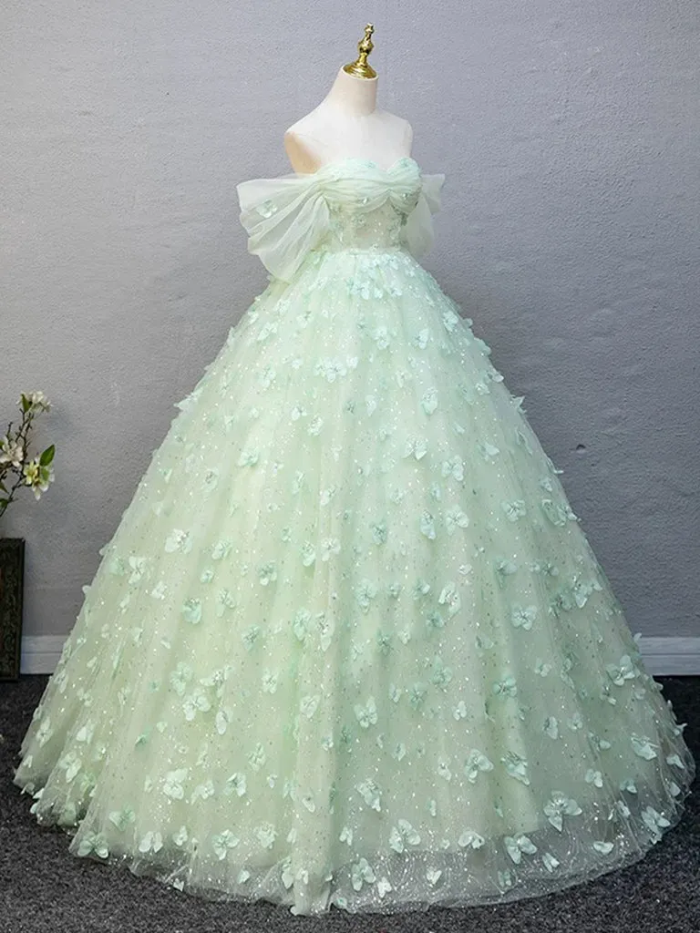 A-Line Off Shoulder Tulle Lace Green Long Prom Dress, Green Long Formal Dress