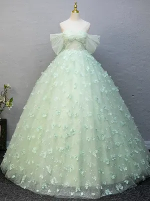 A-Line Off Shoulder Tulle Lace Green Long Prom Dress, Green Long Formal Dress