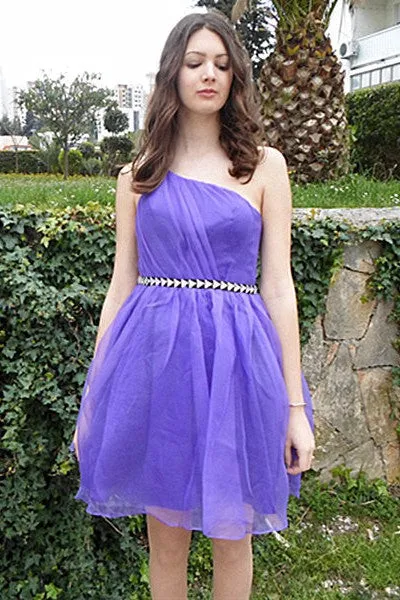 A-line One-shoulder Knee Length Tulle Rhinestone Backless Prom Dress
