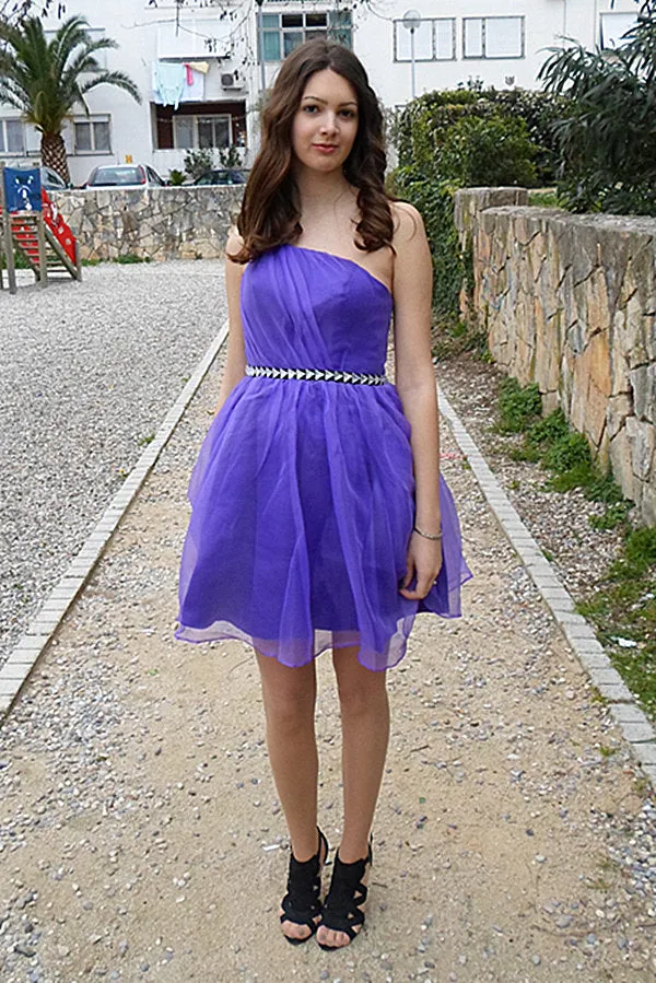 A-line One-shoulder Knee Length Tulle Rhinestone Backless Prom Dress