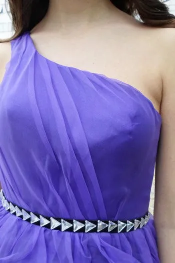 A-line One-shoulder Knee Length Tulle Rhinestone Backless Prom Dress