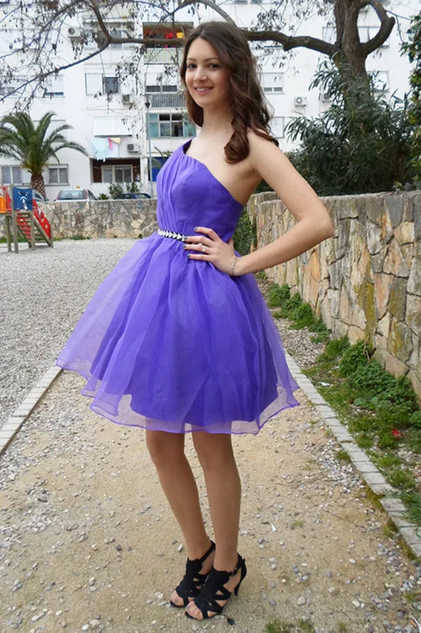 A-line One-shoulder Knee Length Tulle Rhinestone Backless Prom Dress