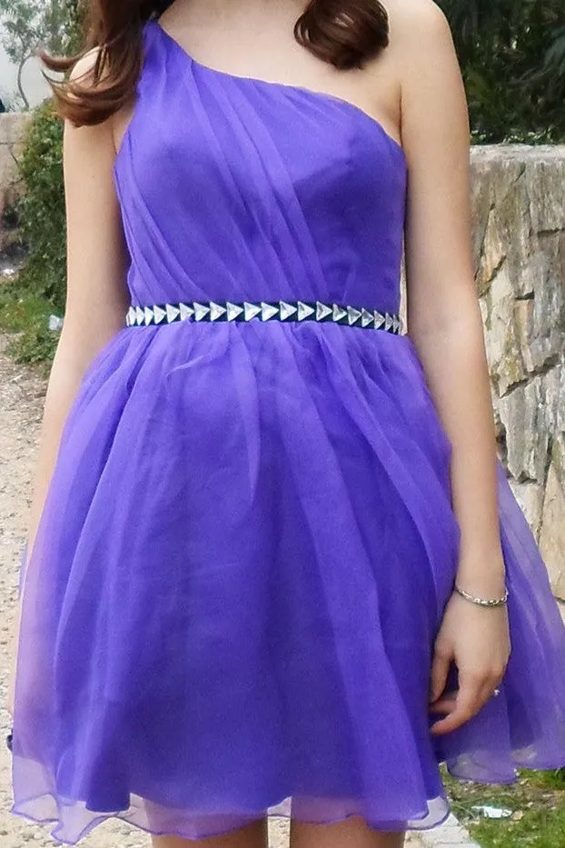 A-line One-shoulder Knee Length Tulle Rhinestone Backless Prom Dress