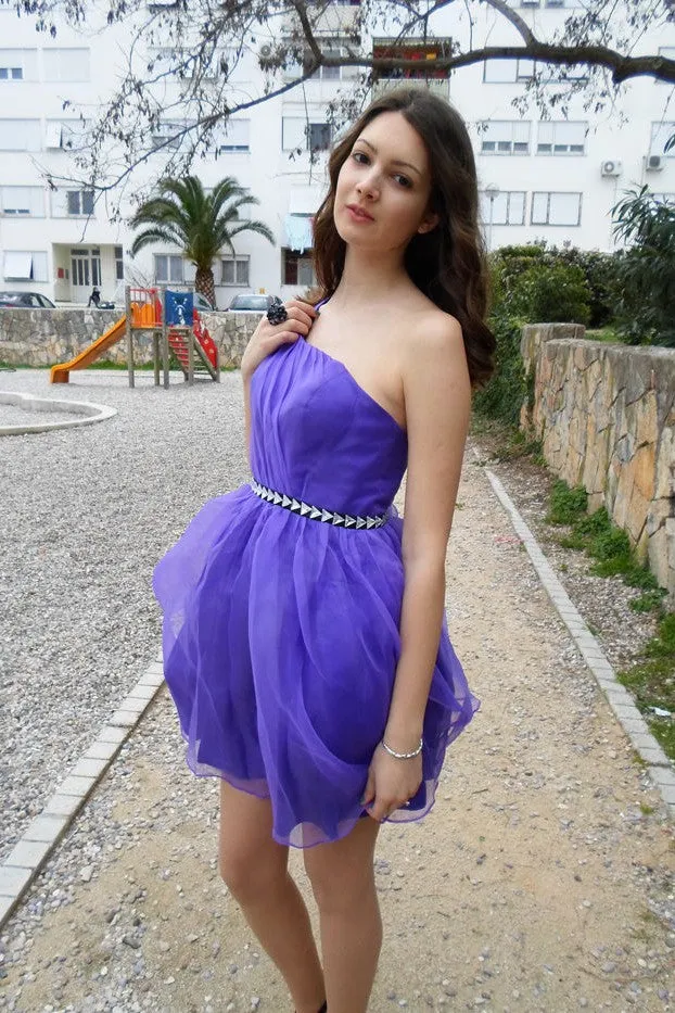 A-line One-shoulder Knee Length Tulle Rhinestone Backless Prom Dress
