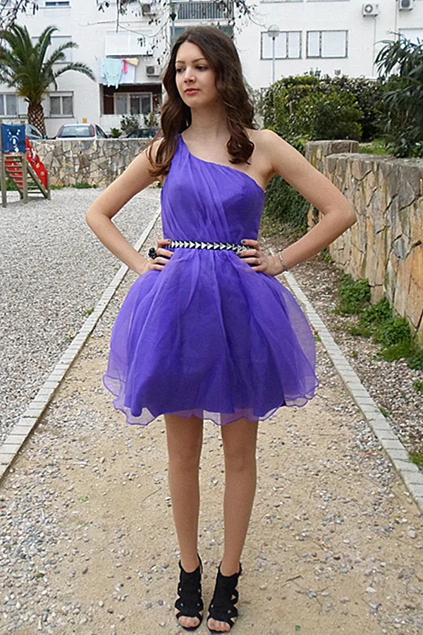 A-line One-shoulder Knee Length Tulle Rhinestone Backless Prom Dress