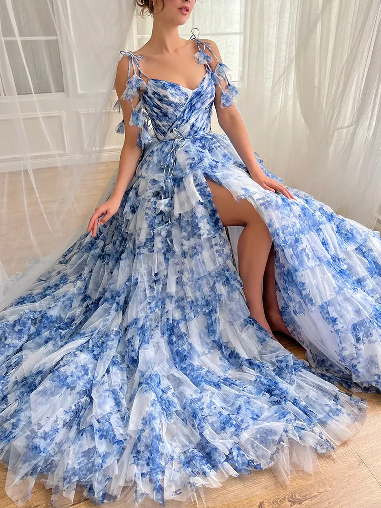 A-Line Printed Chiffon Blue Long Prom Dress, Blue Long Formal Dress