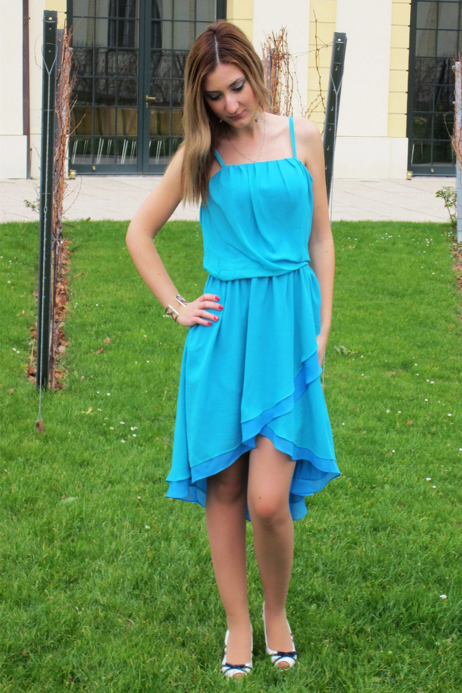 A-line Spaghetti Strap Knee Hi-low Length Chiffon Prom Dress