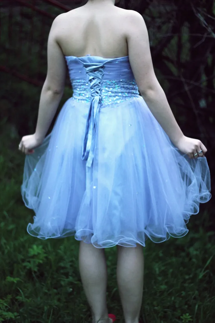 A-line Sweetheart Knee Length Tulle Rhinestone Prom Dress