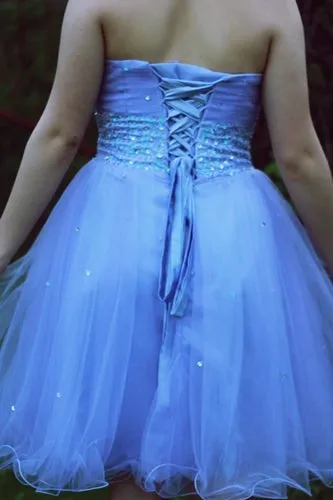 A-line Sweetheart Knee Length Tulle Rhinestone Prom Dress