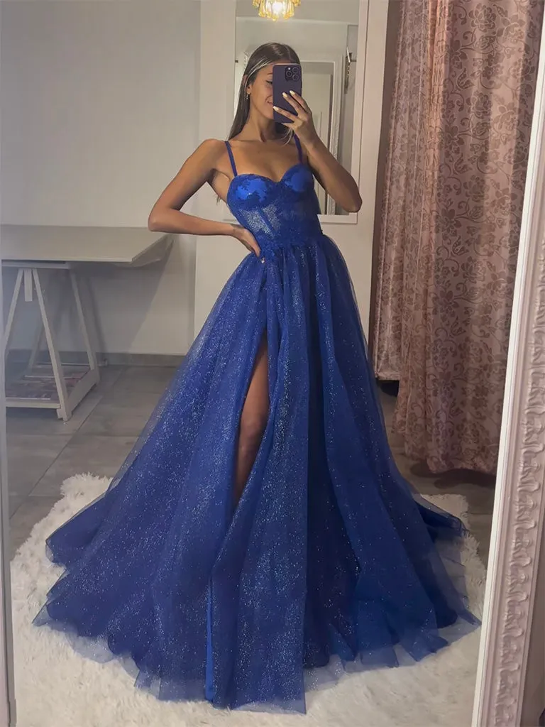 A-Line Sweetheart Neck Tulle Lace Blue Long Prom Dress, Blue Long Formal Dress