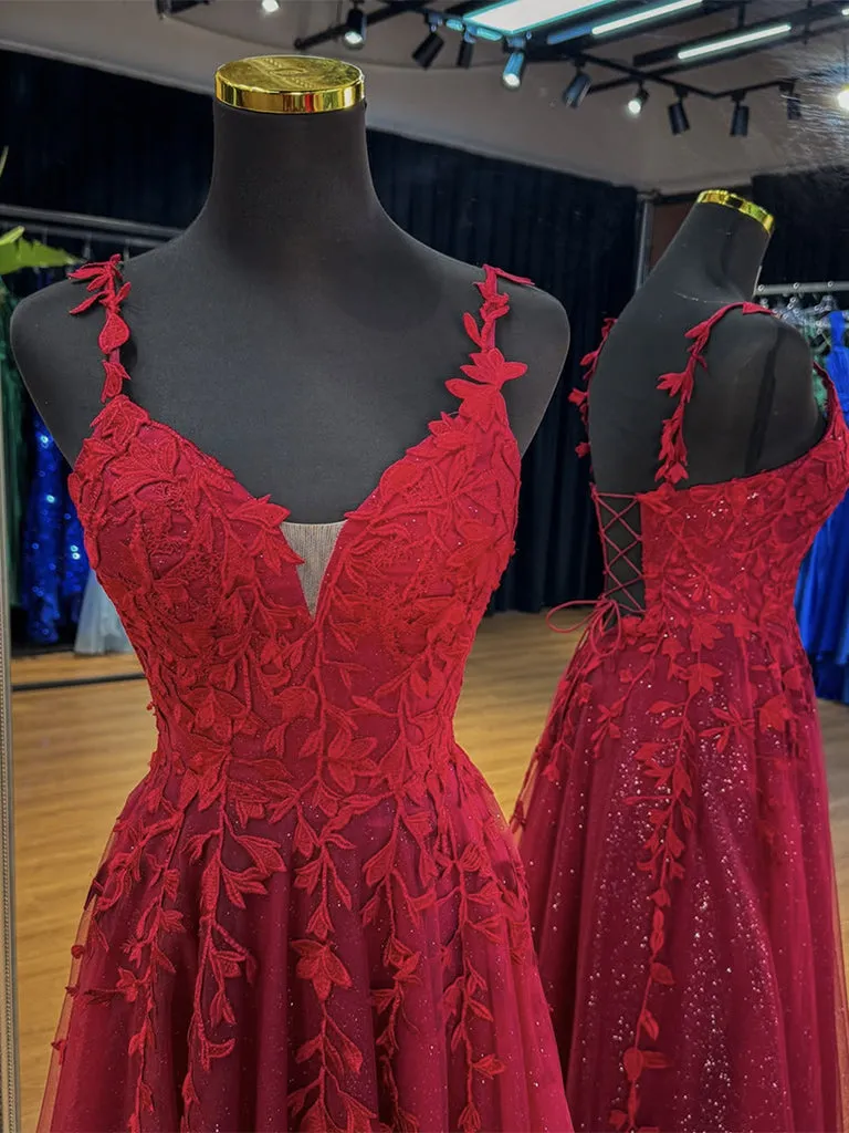 A-Line V Neck Tulle Lace Burgundy Long Prom Dress, Burgundy Long formal Dress