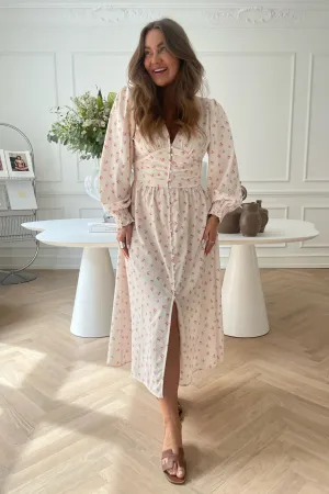 AdelIC Lang Kjole - Beige Pink Blomsterprint