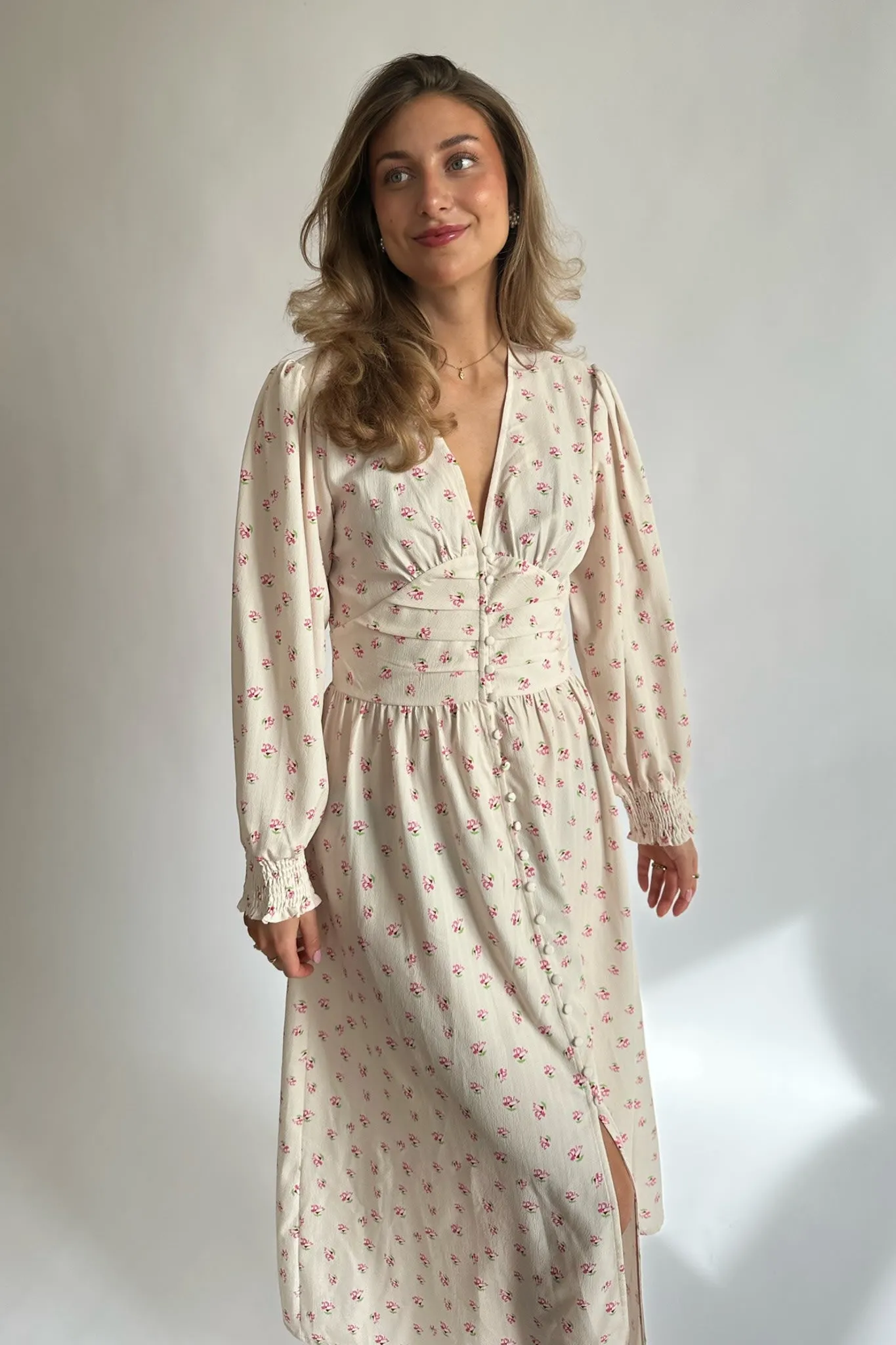 AdelIC Lang Kjole - Beige Pink Blomsterprint