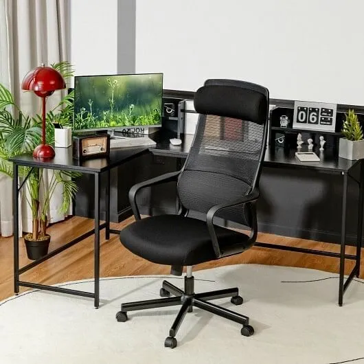 Adjustable Mesh Office Chair with Heating Support Headrest-Black - Color: Black