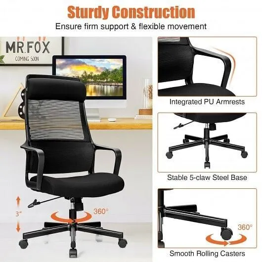 Adjustable Mesh Office Chair with Heating Support Headrest-Black - Color: Black