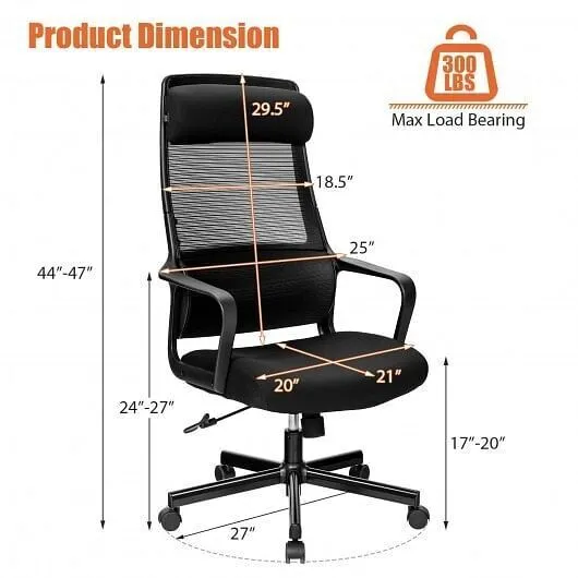 Adjustable Mesh Office Chair with Heating Support Headrest-Black - Color: Black