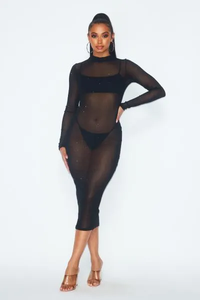 Alexis Glitter Detail Sheer Mesh Midi Dress - Black -