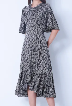 Allover Twig Satin Ruffle Dress