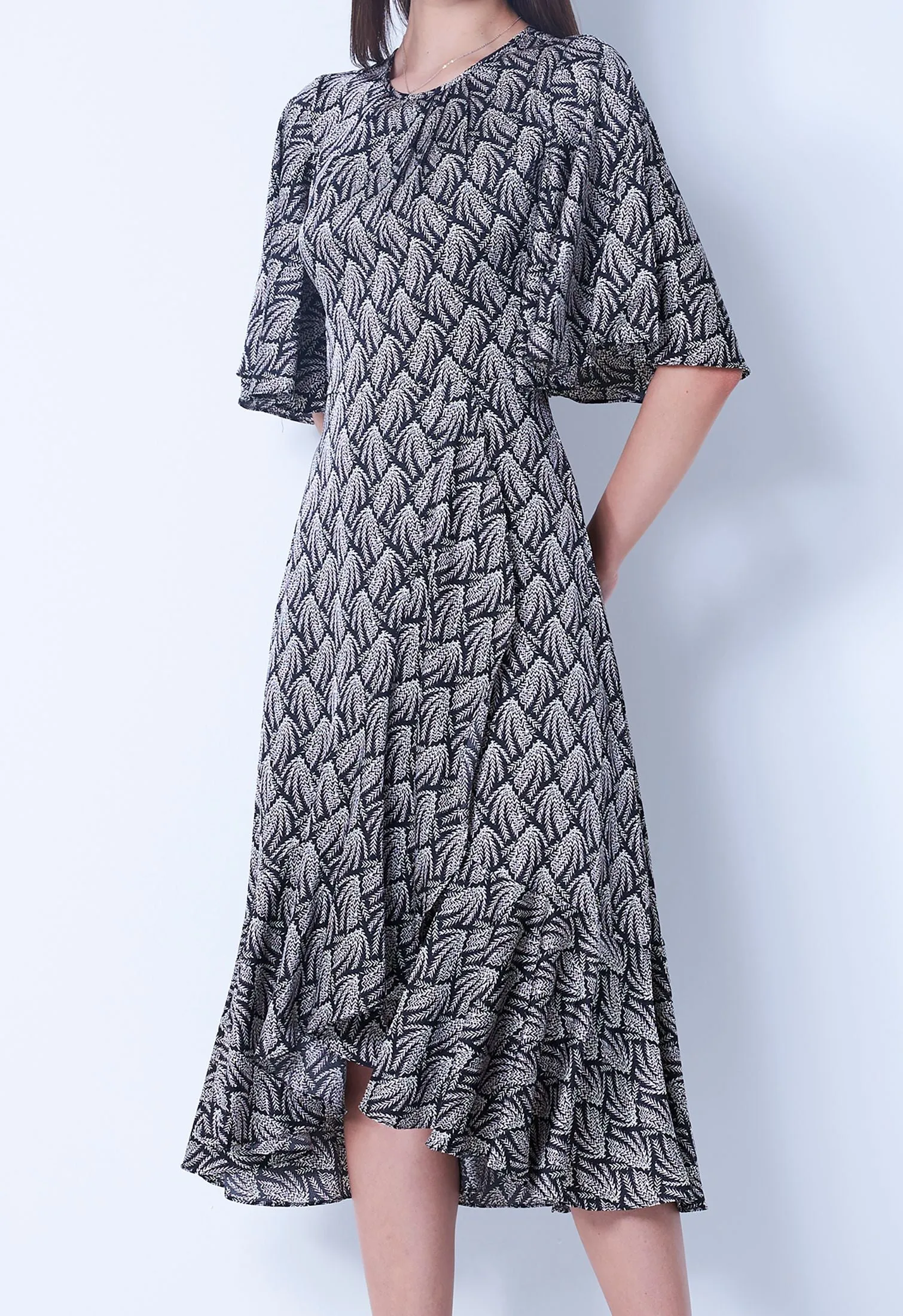 Allover Twig Satin Ruffle Dress