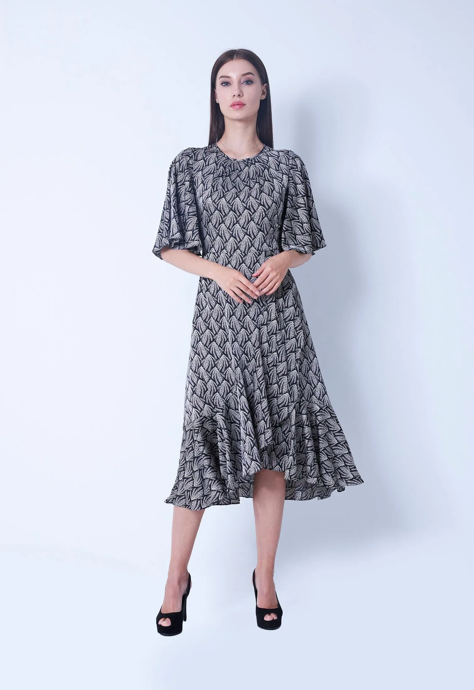 Allover Twig Satin Ruffle Dress