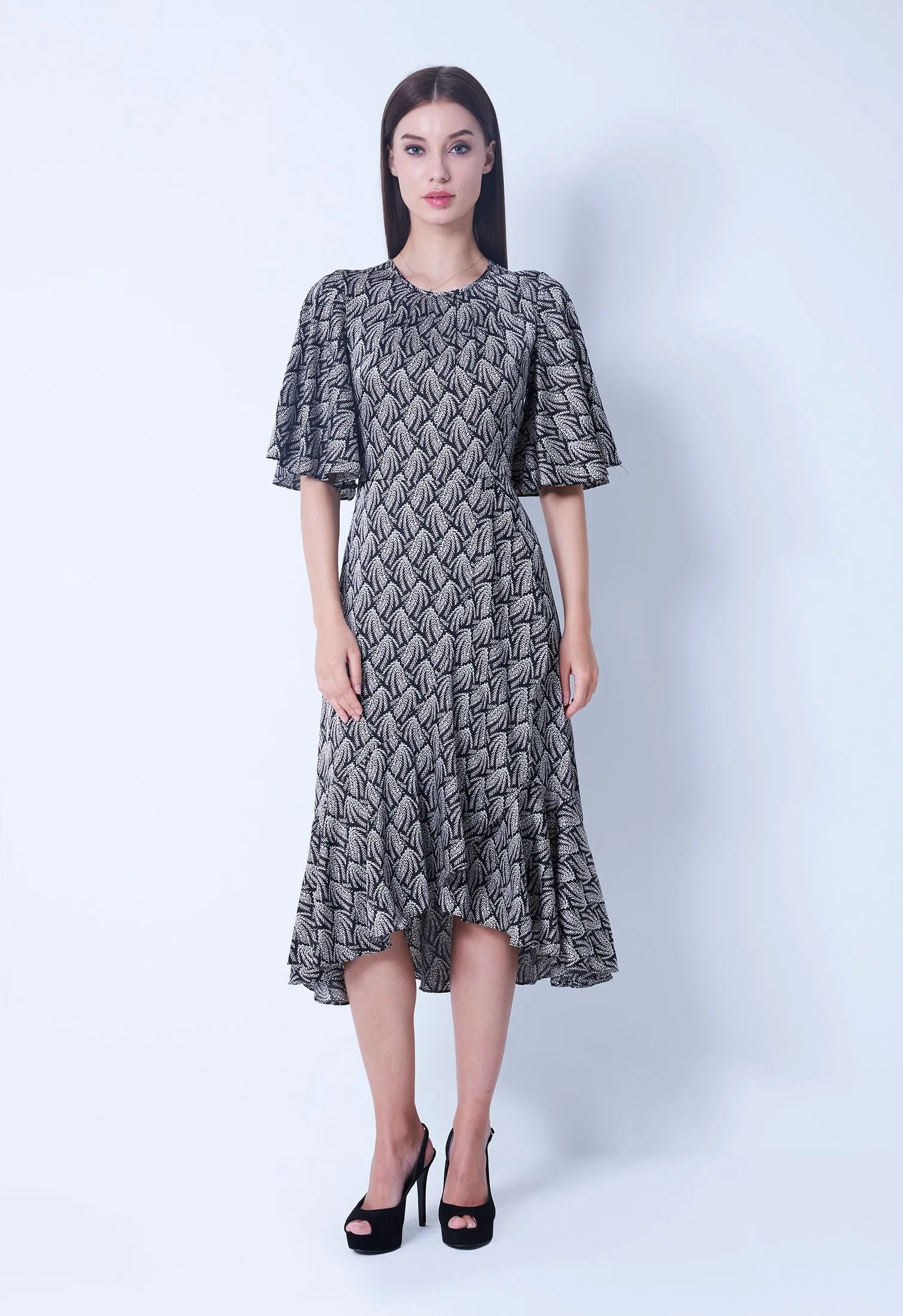 Allover Twig Satin Ruffle Dress