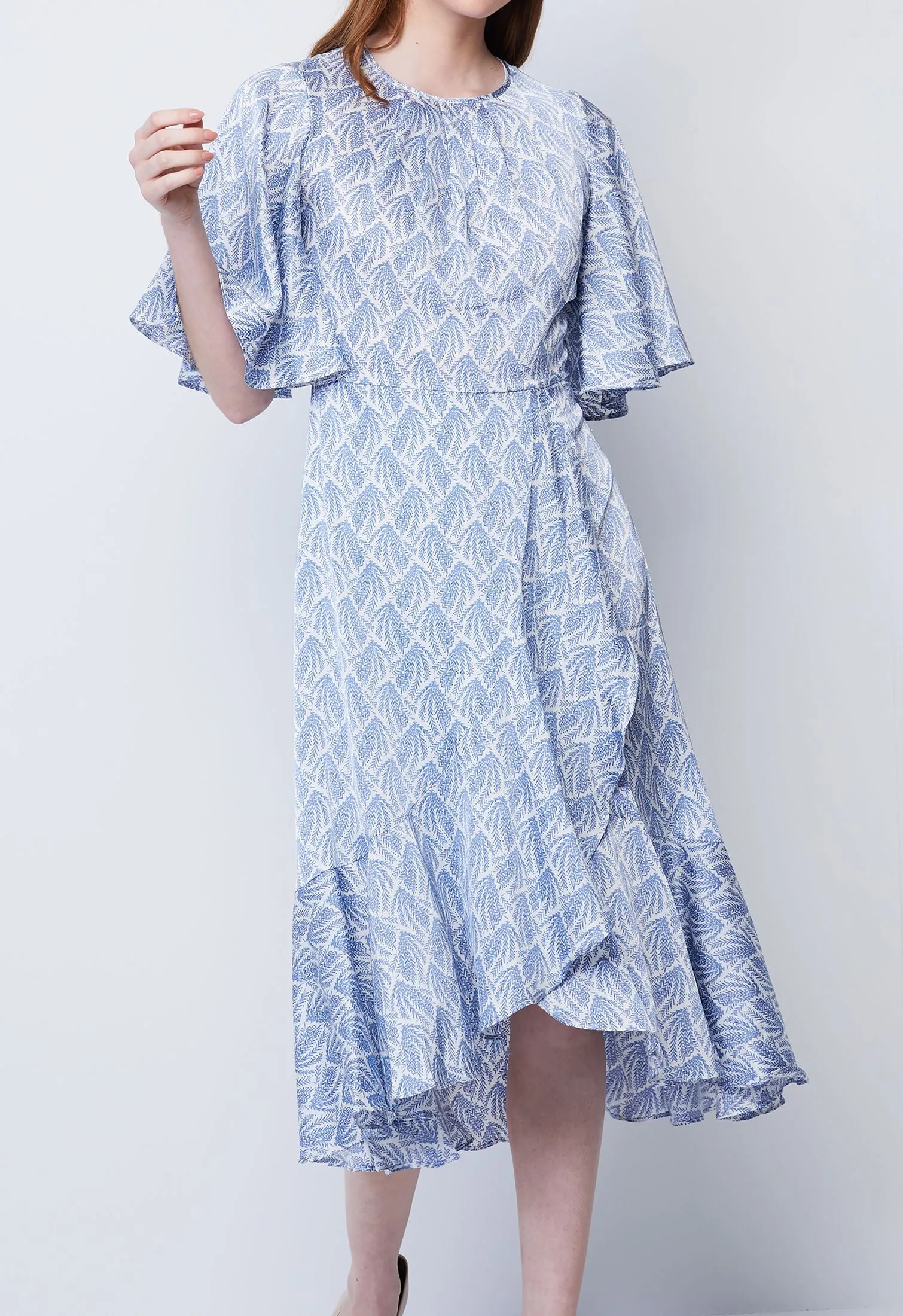 Allover Twig Satin Ruffle Dress