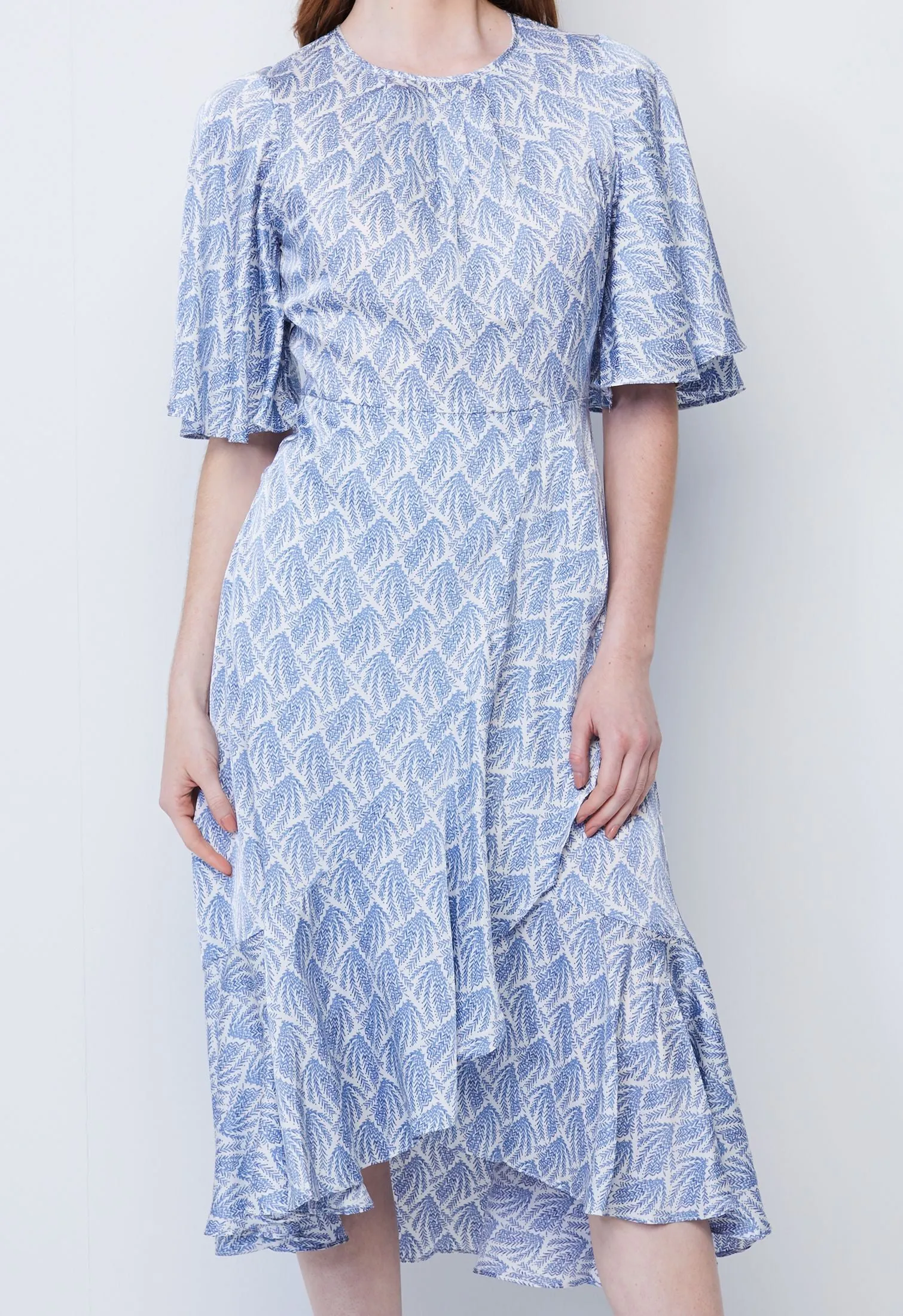Allover Twig Satin Ruffle Dress