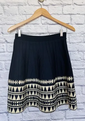ALPHA Womens Midi Flare Skirt Large Blue Cream Knit Aztec Print Tribal Western
