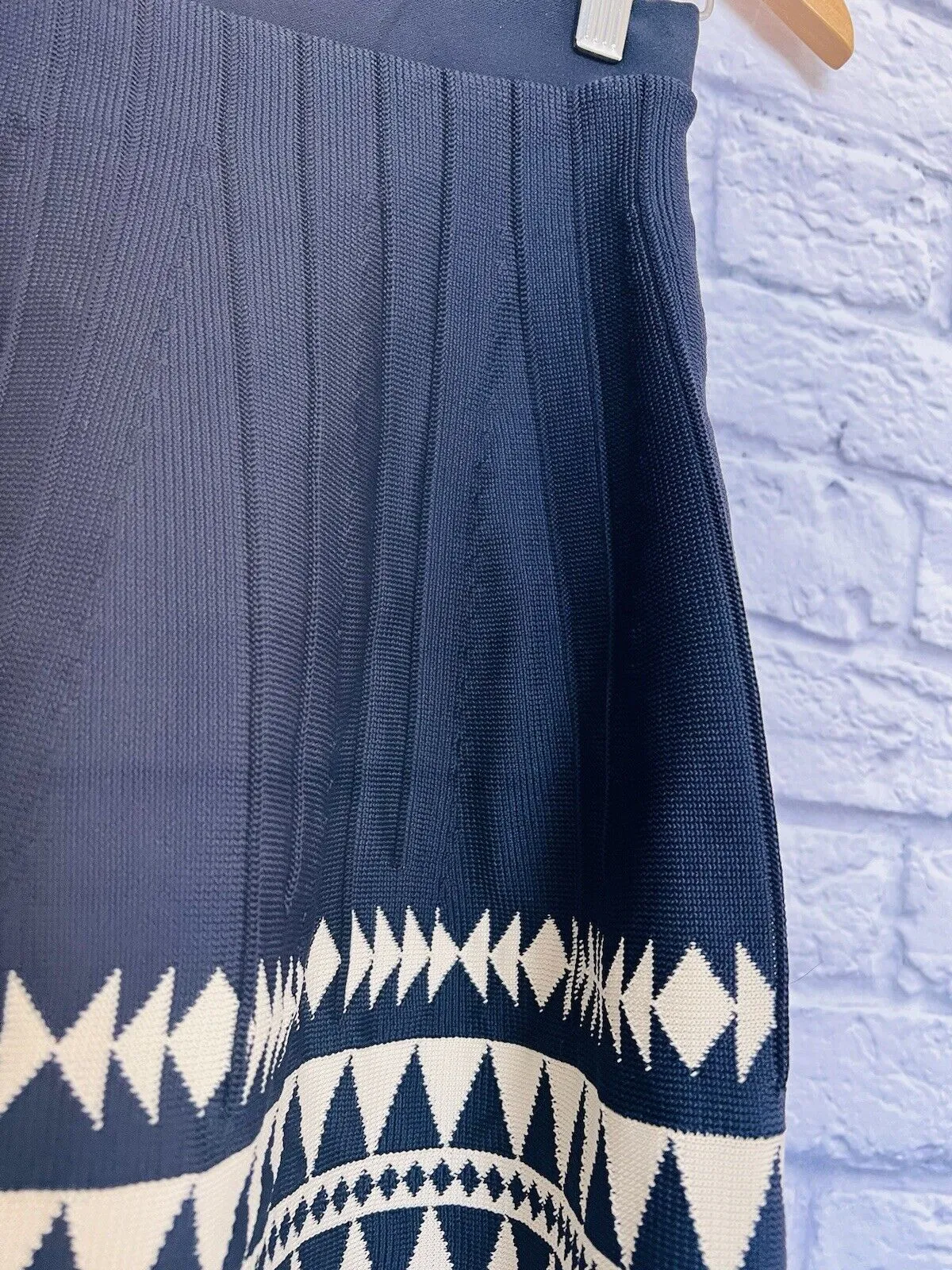 ALPHA Womens Midi Flare Skirt Large Blue Cream Knit Aztec Print Tribal Western