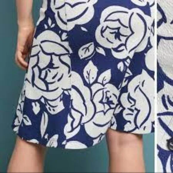 Anthropologie Maeve Amiens White and Blue Floral Flounce Midi Skirt Small