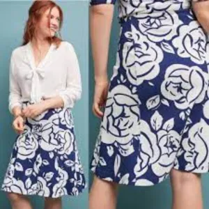 Anthropologie Maeve Amiens White and Blue Floral Flounce Midi Skirt Small