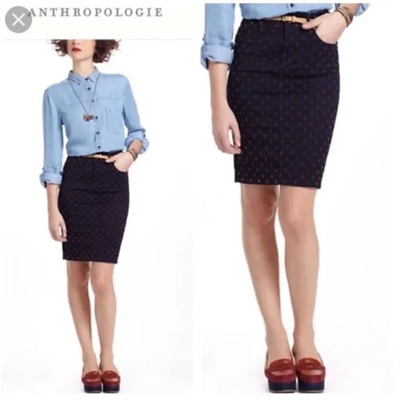 Anthropologie Pilcro and the Letterpress Polka Dot Denim Pencil Skirt, Size 26