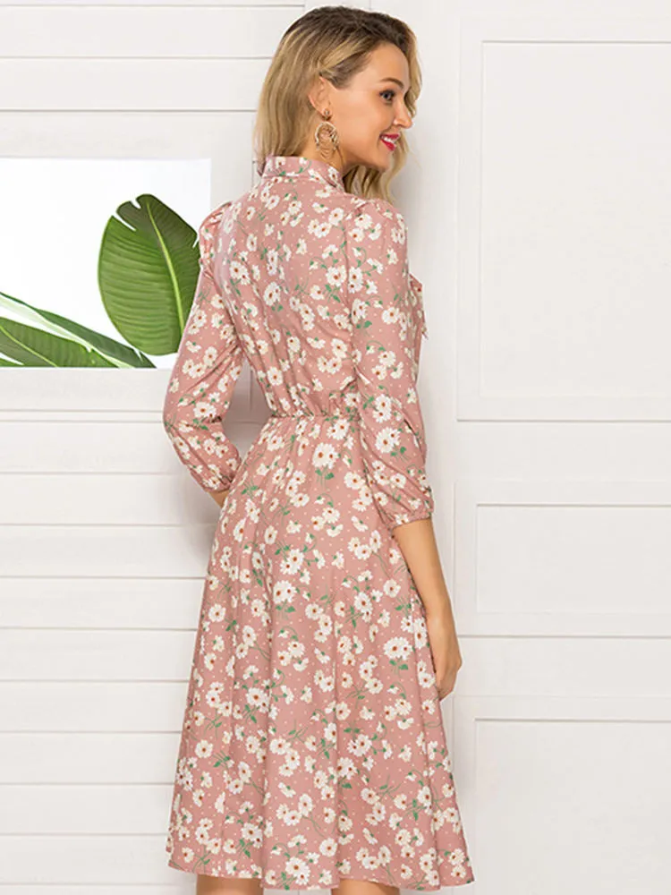Autumn and Winter New Women's Printing Tie Collar Stand Party Evening Dress Long-sleeved Pink Dress