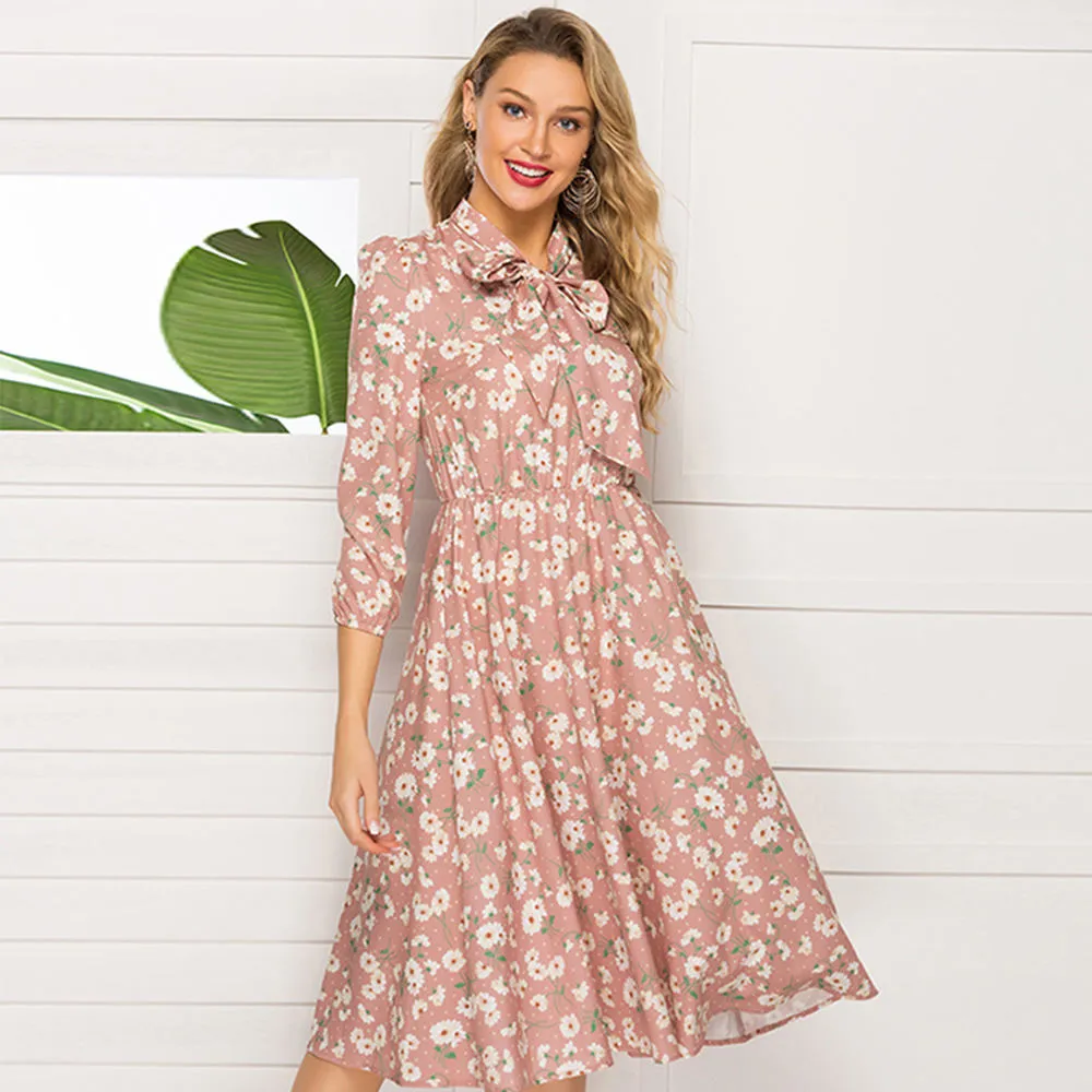 Autumn and Winter New Women's Printing Tie Collar Stand Party Evening Dress Long-sleeved Pink Dress