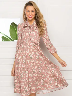Autumn and Winter New Women's Printing Tie Collar Stand Party Evening Dress Long-sleeved Pink Dress