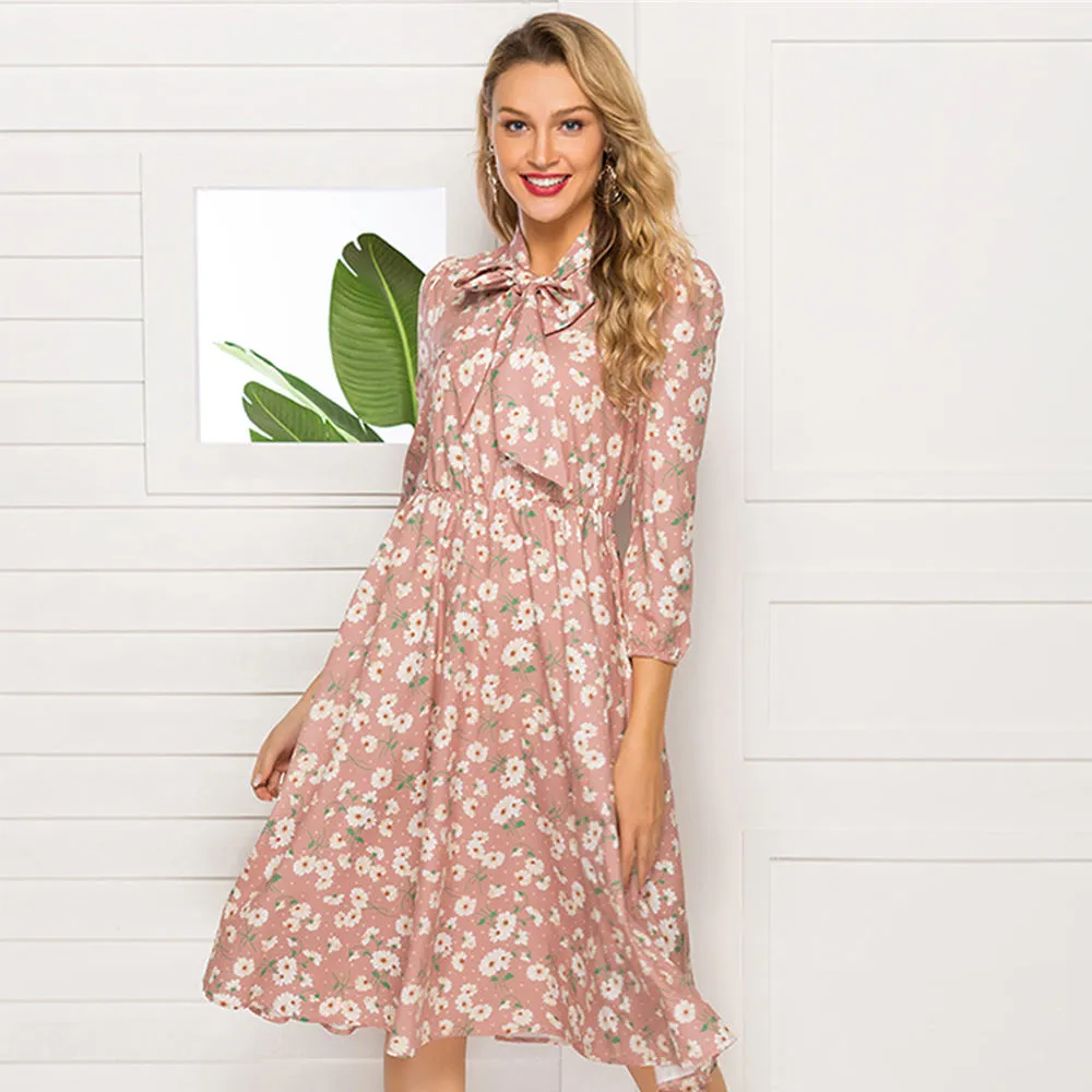 Autumn and Winter New Women's Printing Tie Collar Stand Party Evening Dress Long-sleeved Pink Dress