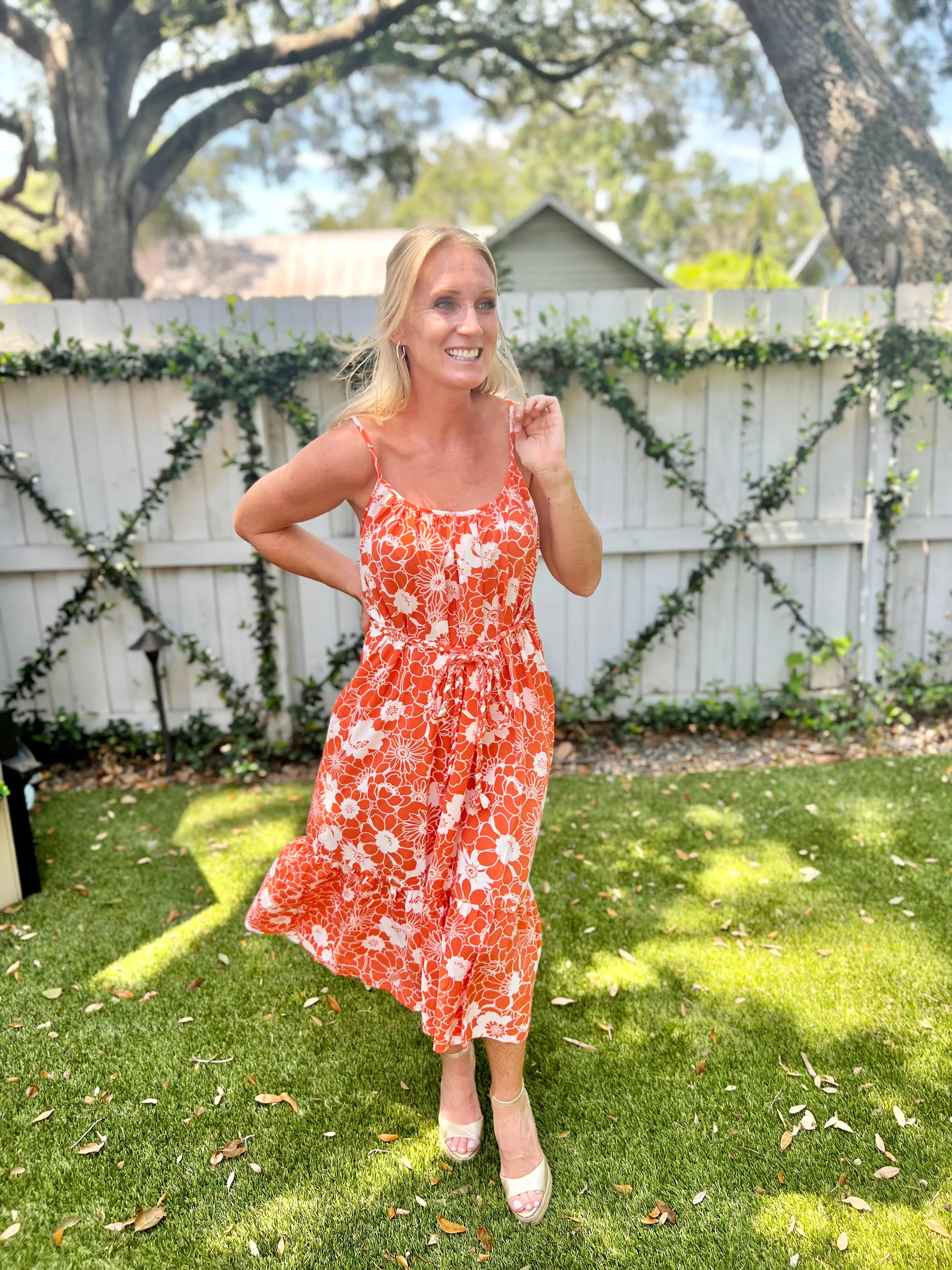 Avery Apricot Floral Midi Dress